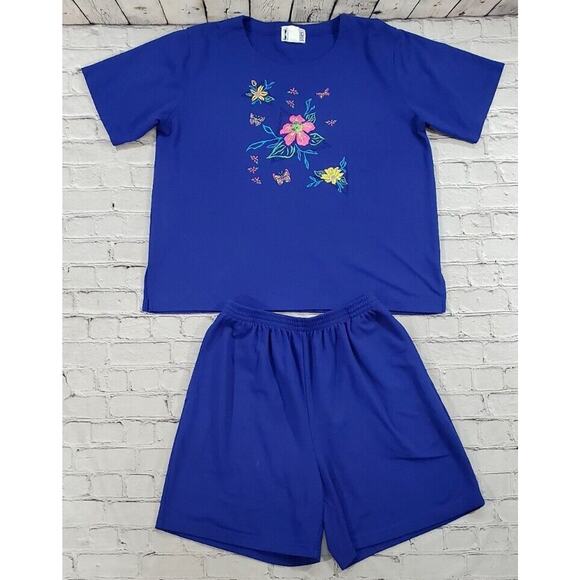 Kavio Designs Blue Elastic Waist Pants Top Set Embellished Floral WOMENS SIZE L - Picture 2 of 15